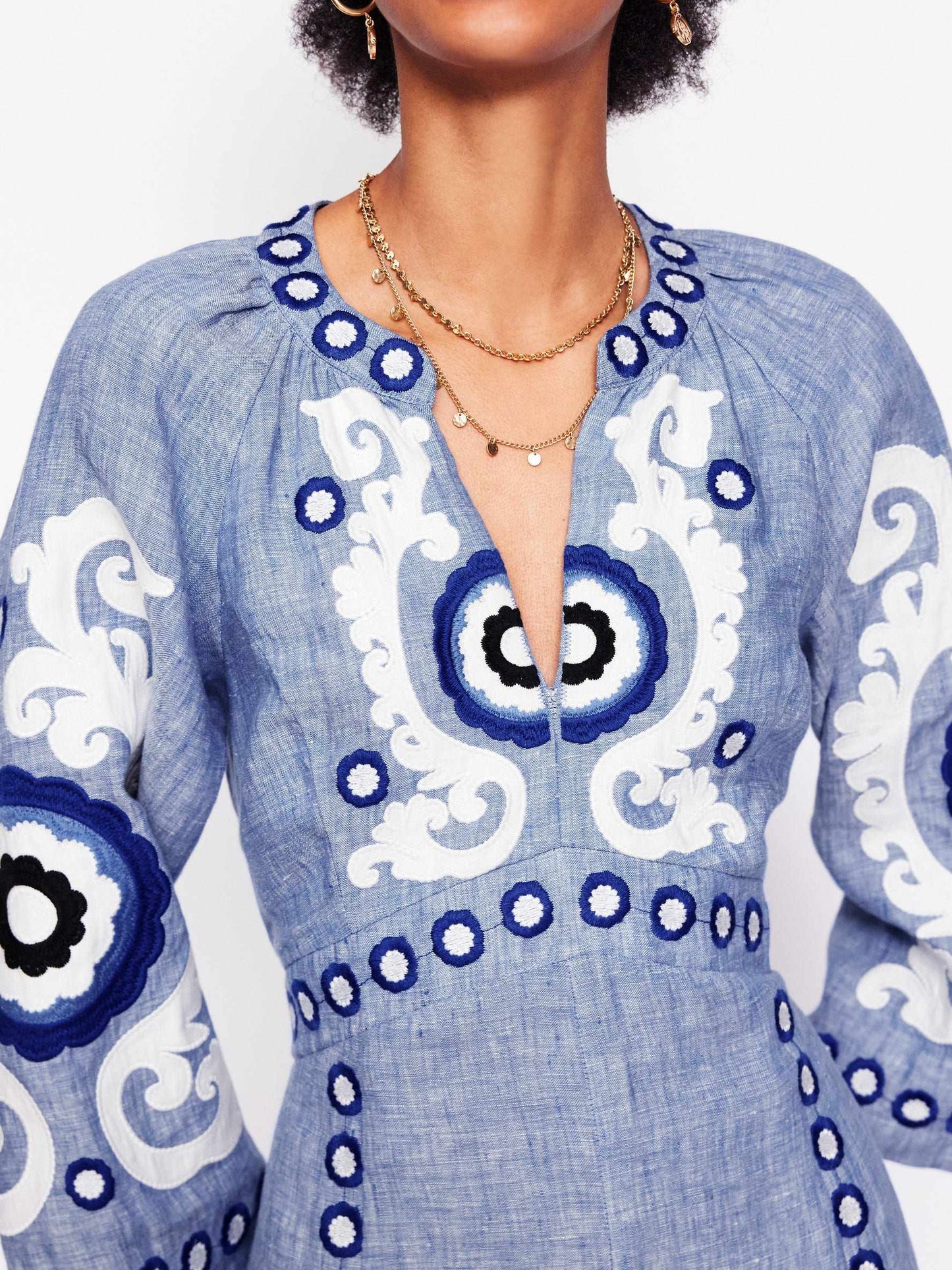 Linen Embroidered Print Dress