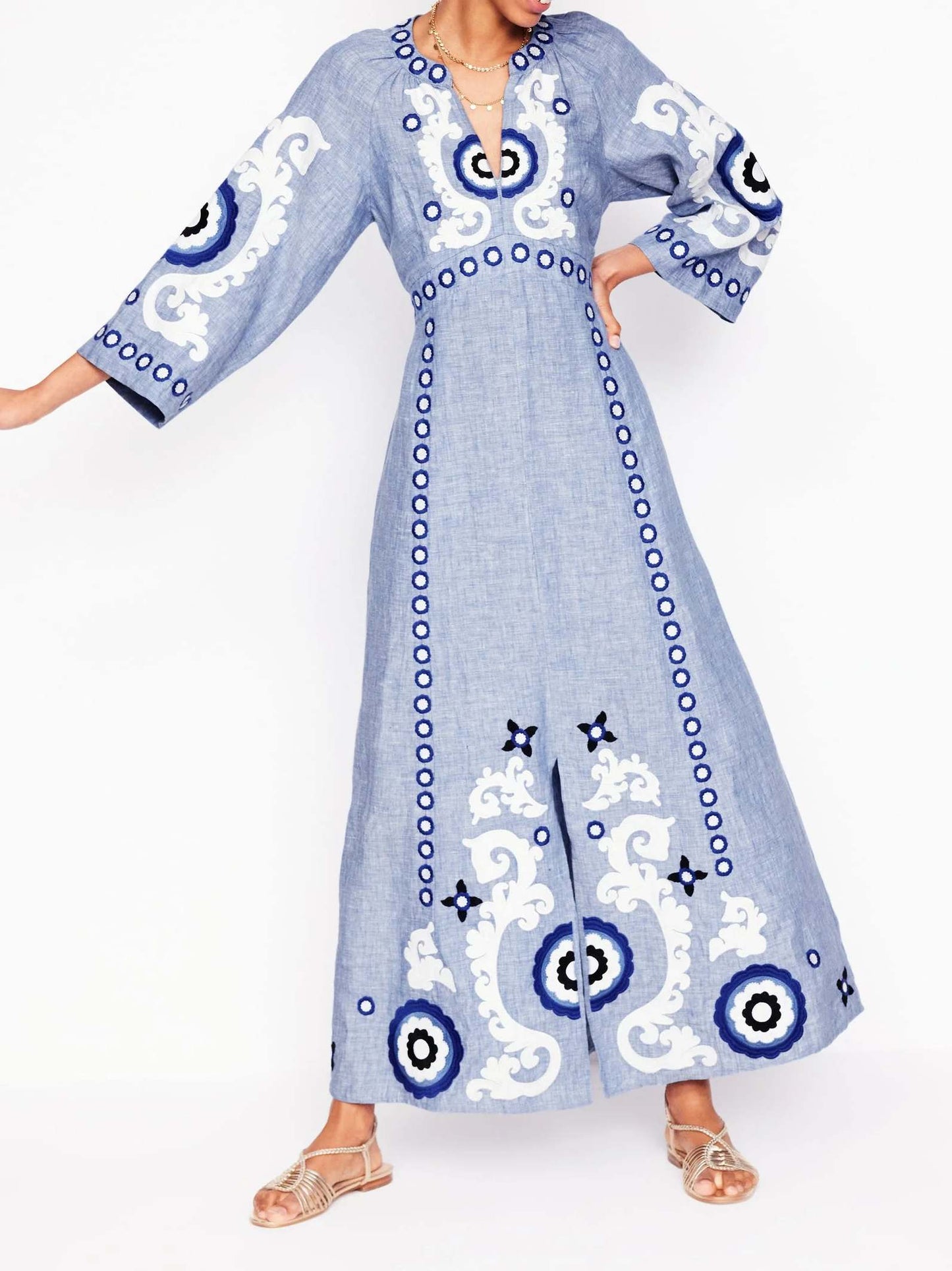 Linen Embroidered Print Dress