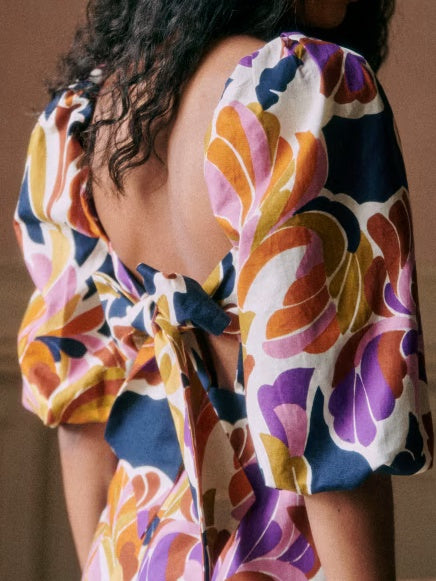 Square Neck Lantern Sleeve Printed Dress