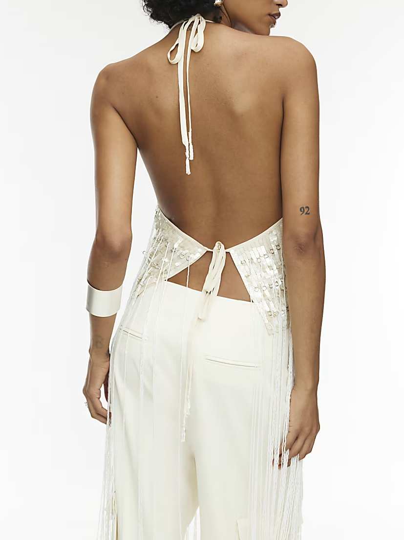 White Fringe Sequin Halterneck Top
