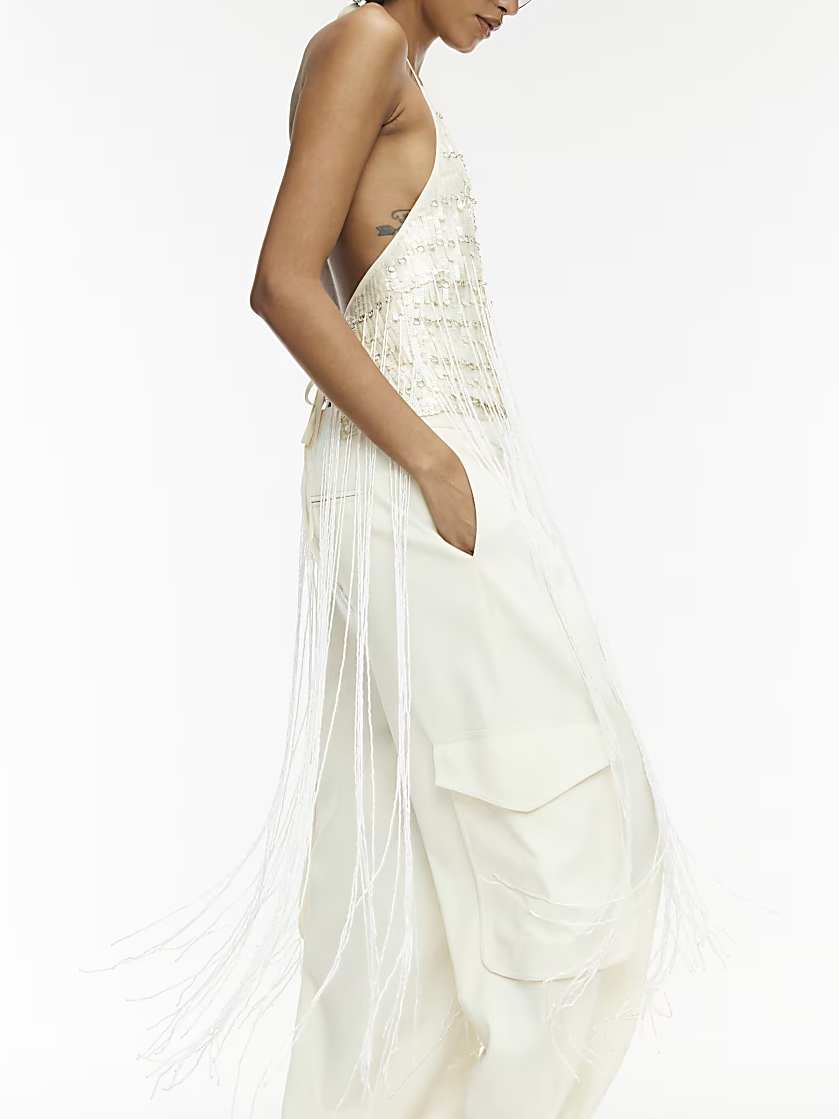 White Fringe Sequin Halterneck Top