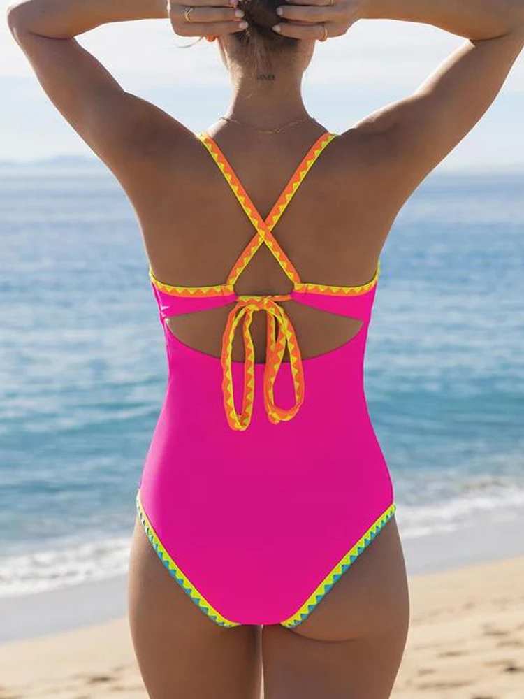 Women's Contrast Color Cross Strap Sexy Sleeveless Low Cut One-Piece Swimsuit