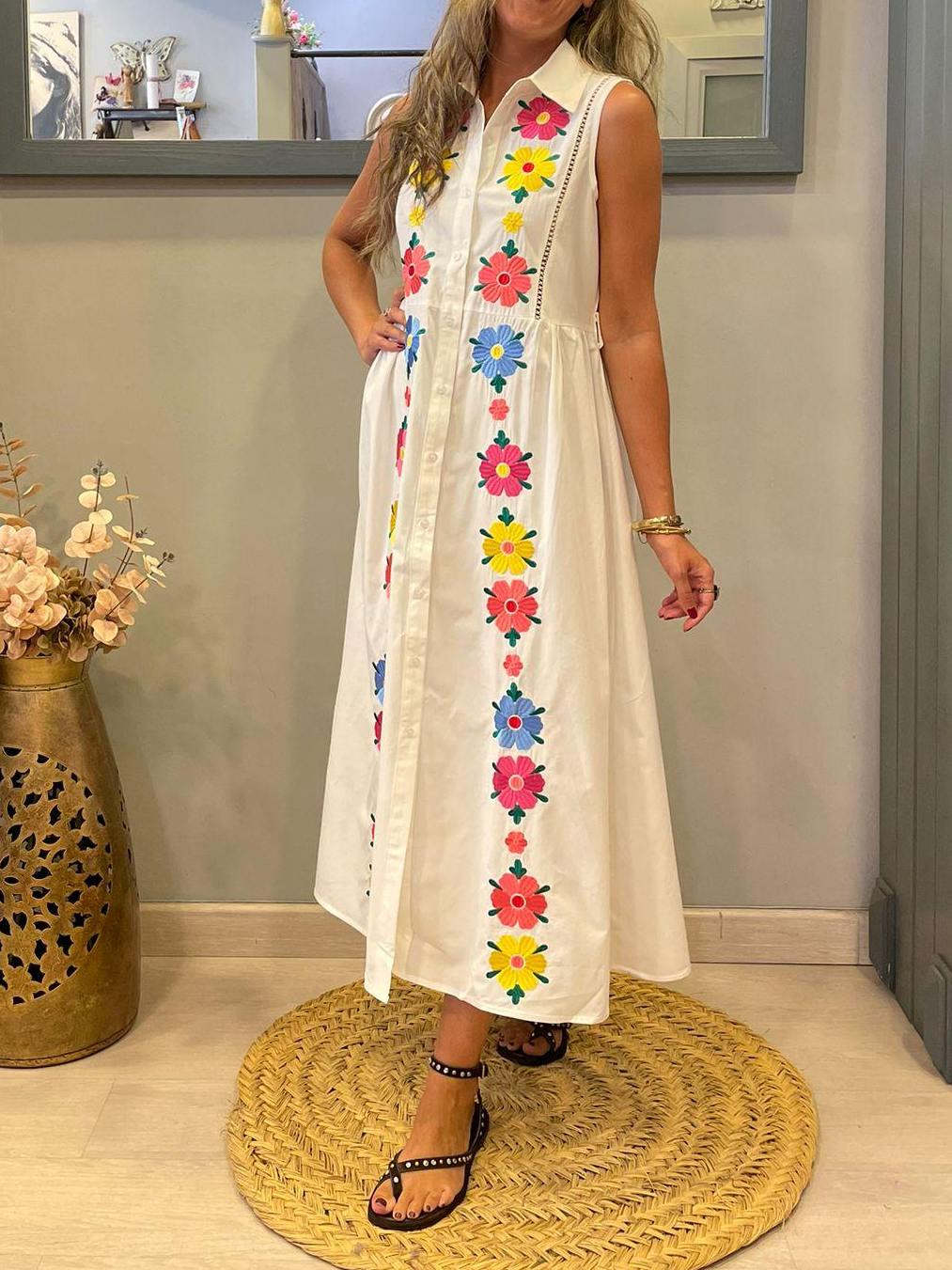 Sleeveless Floral Embroidered Shirt Dress