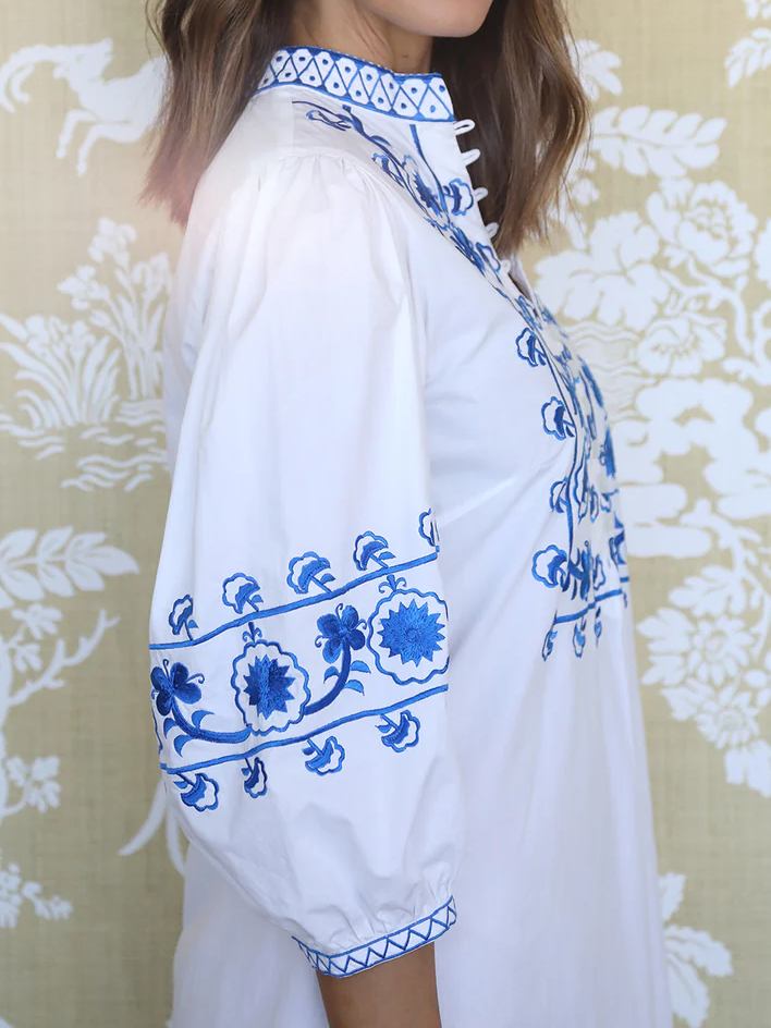 Puff Sleeve Embroidered Shirt Dress