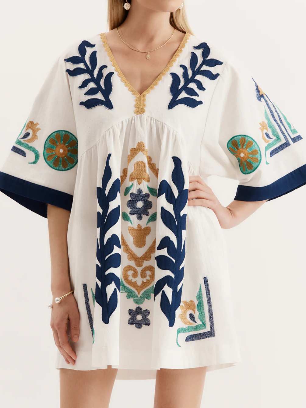 V-neck Silhouette Embroidered Mini Dress