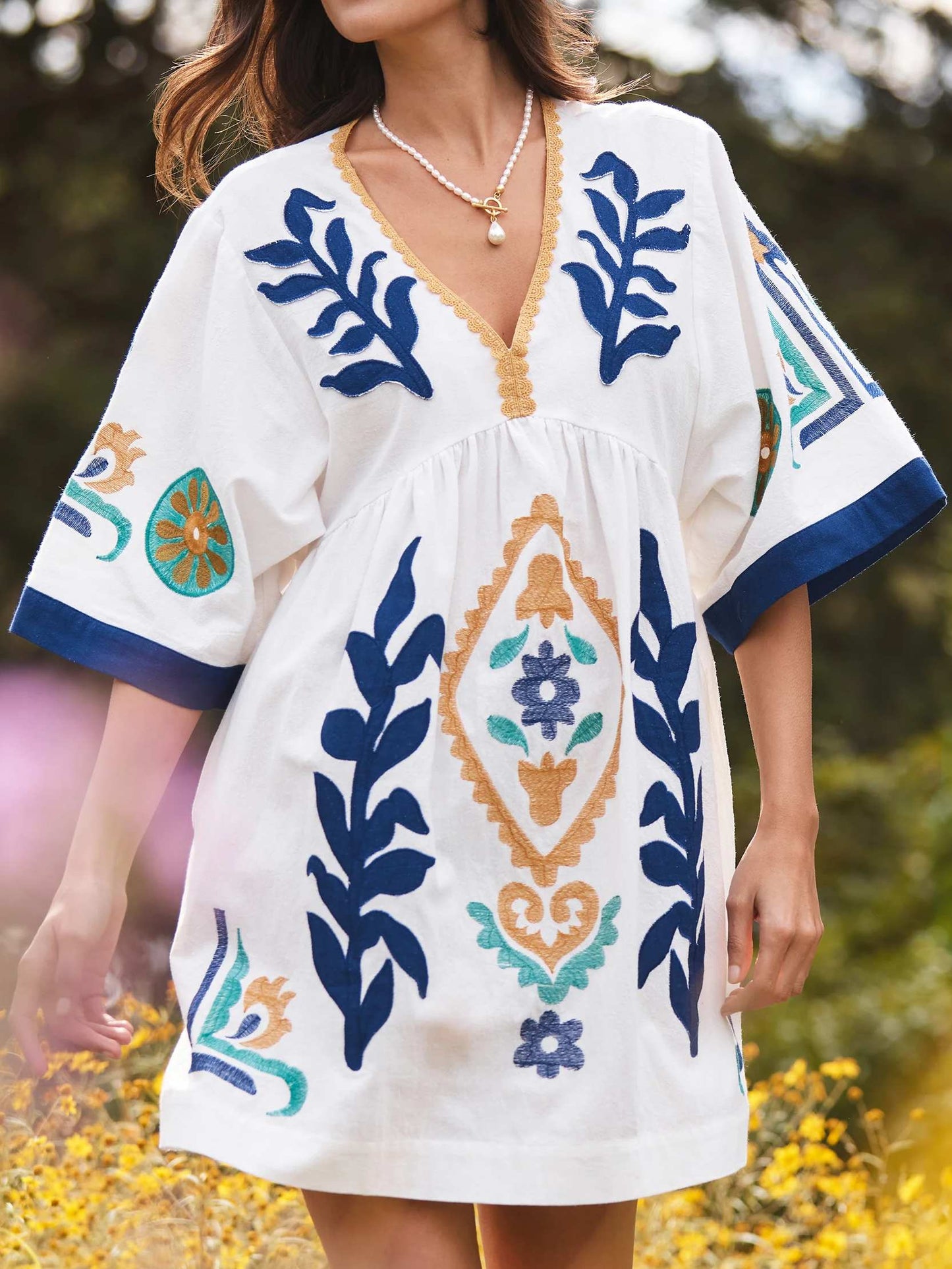 V-neck Silhouette Embroidered Mini Dress