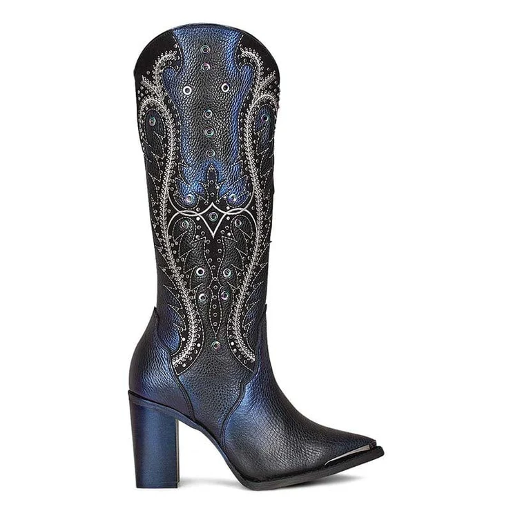 Ladies Black Overlay & Embroidery & Studs Tall Western Style Boot