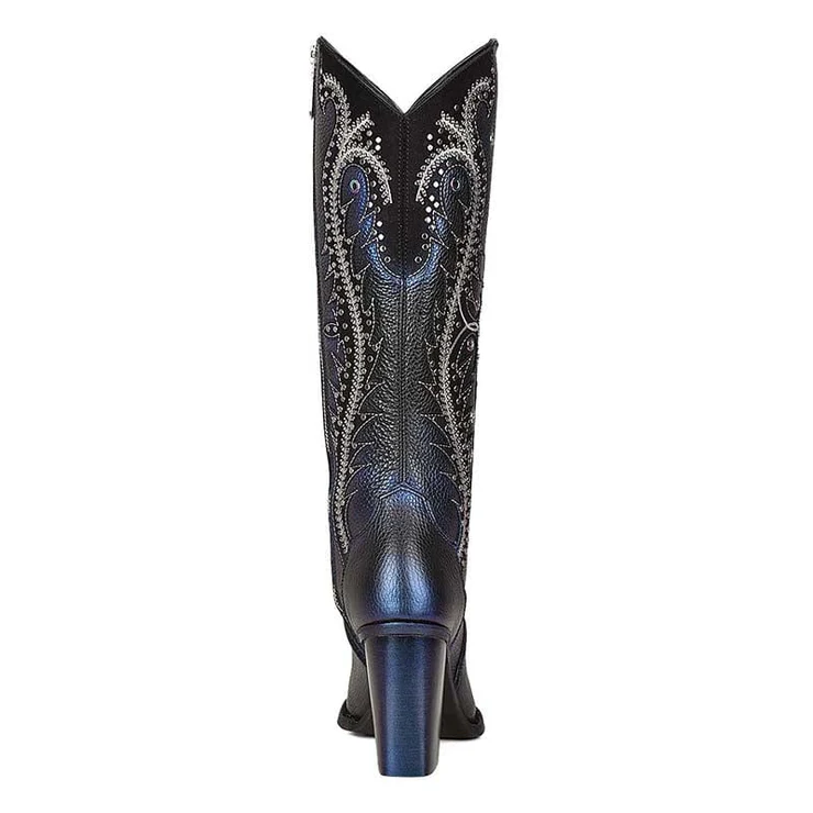 Ladies Black Overlay & Embroidery & Studs Tall Western Style Boot