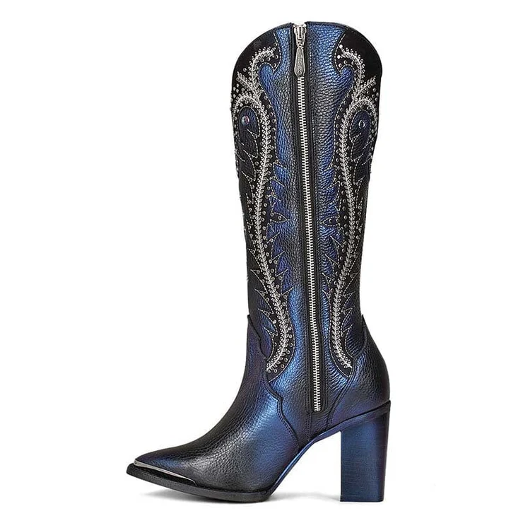 Ladies Black Overlay & Embroidery & Studs Tall Western Style Boot