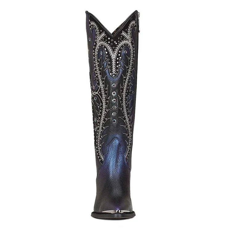 Ladies Black Overlay & Embroidery & Studs Tall Western Style Boot