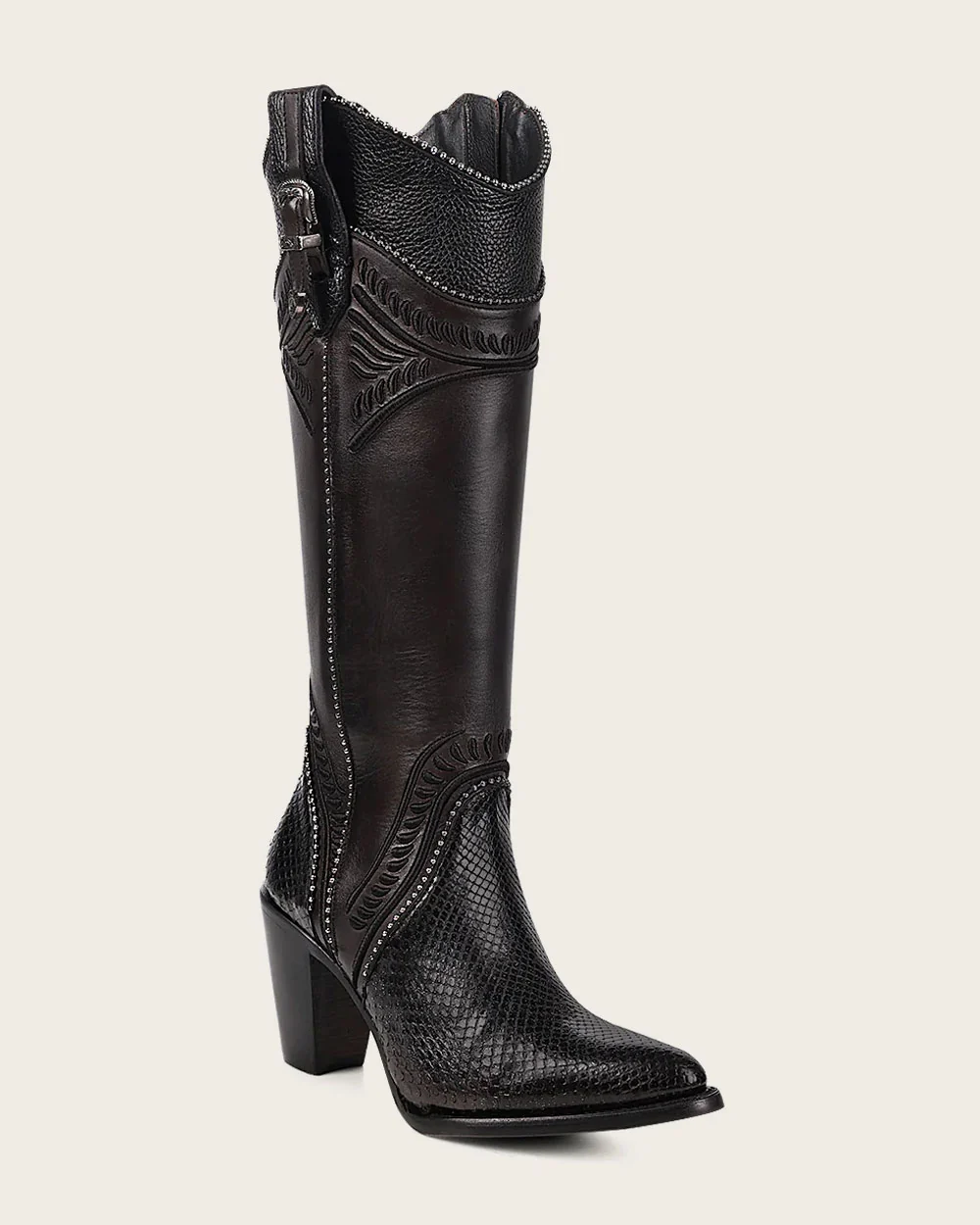 Black Python Knee High Boots For Women