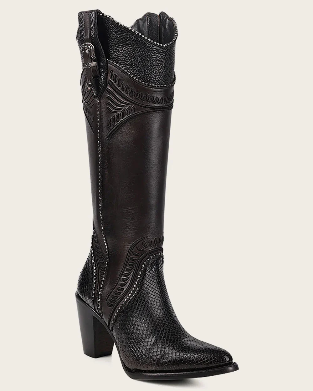 Black Python Knee High Boots For Women