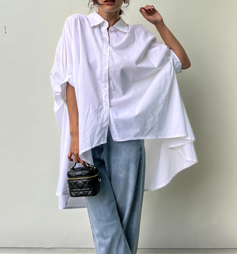 Ivory Balloon Sleeves Asymmetric Shirt