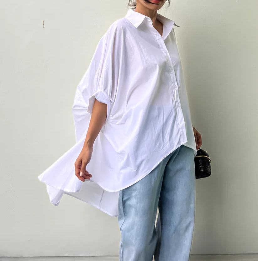 Ivory Balloon Sleeves Asymmetric Shirt