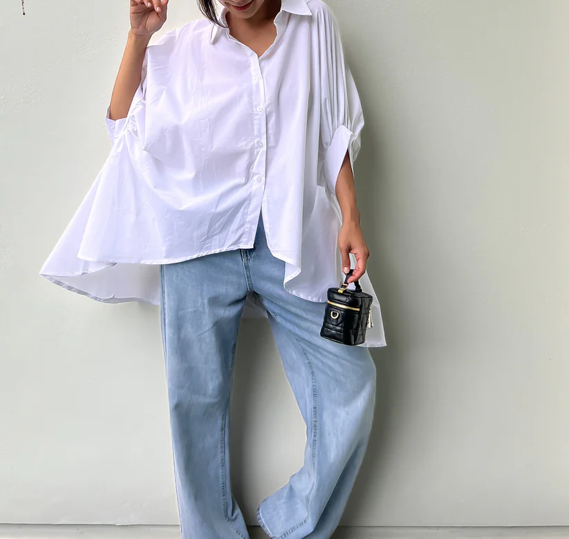 Ivory Balloon Sleeves Asymmetric Shirt