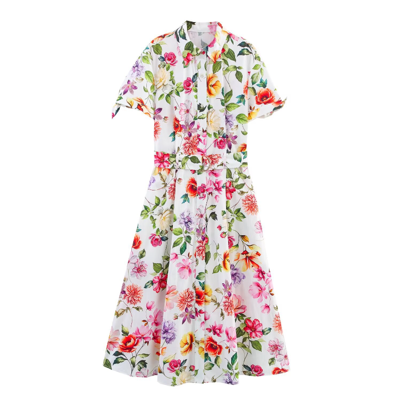 Floral Print Short Sleeve Belted Dress