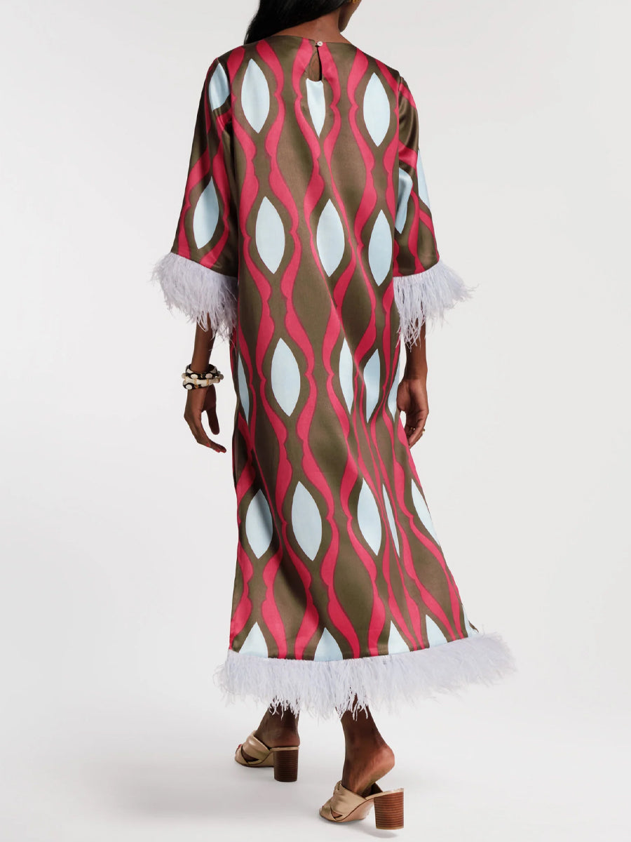 Geometric Print Faux-feather Cuff Maxi Dress