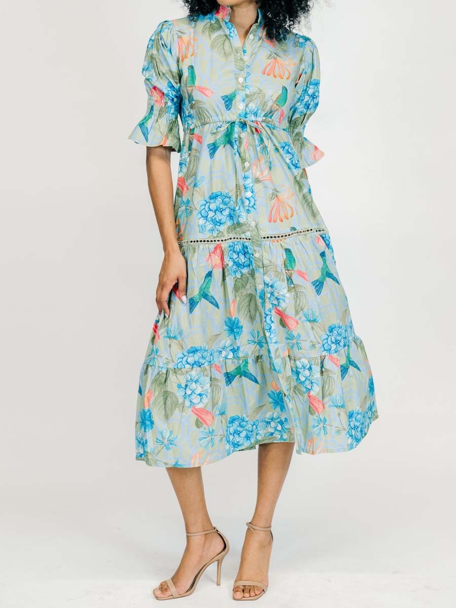Printed Drawstring Waist Tiered Dress