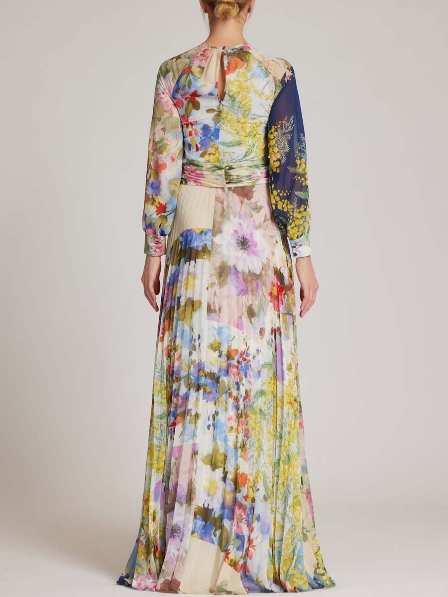 Patchwork Print Pleated Maxi Dress