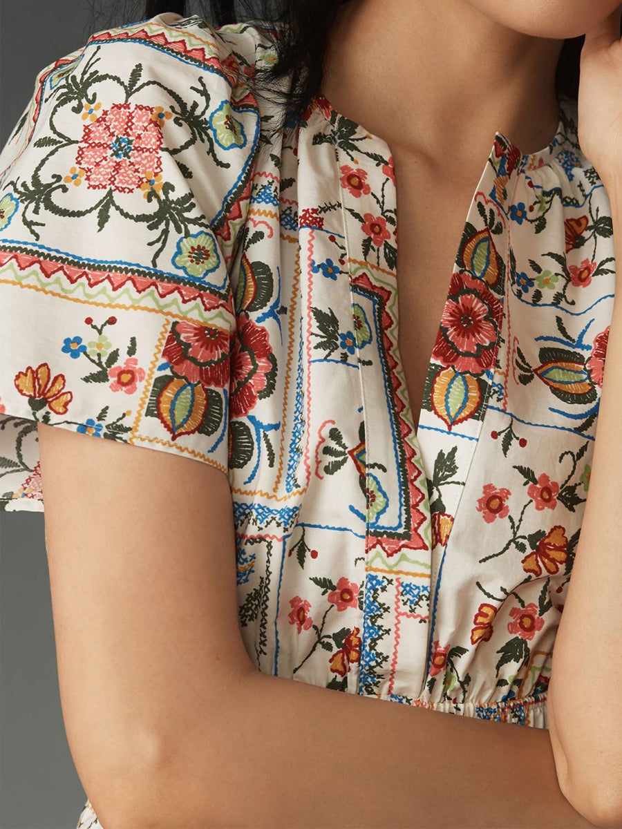 Elegant V-neck Smocked Waist Printed Dress