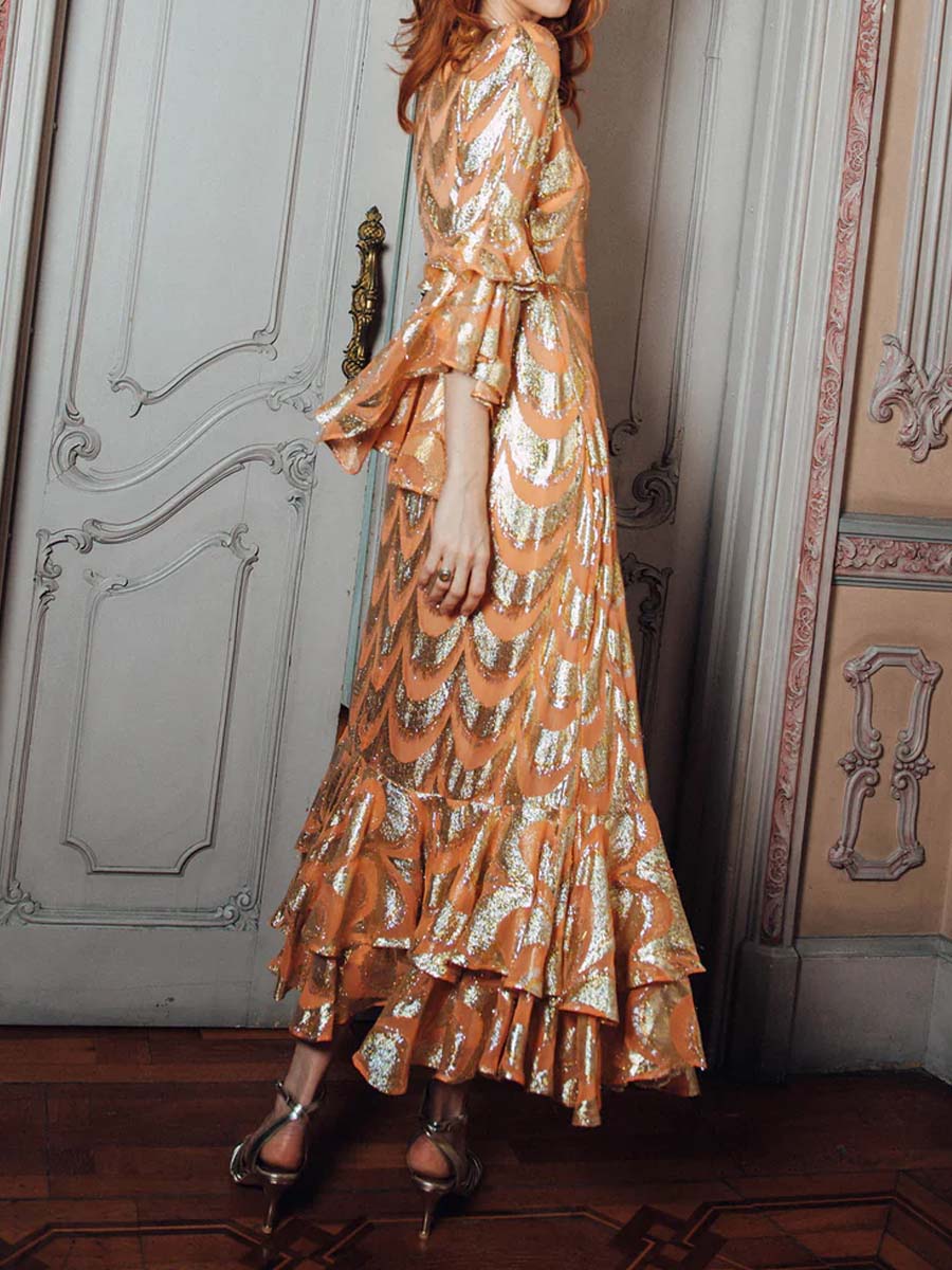 Flouced Hot Stamping Maxi Dress