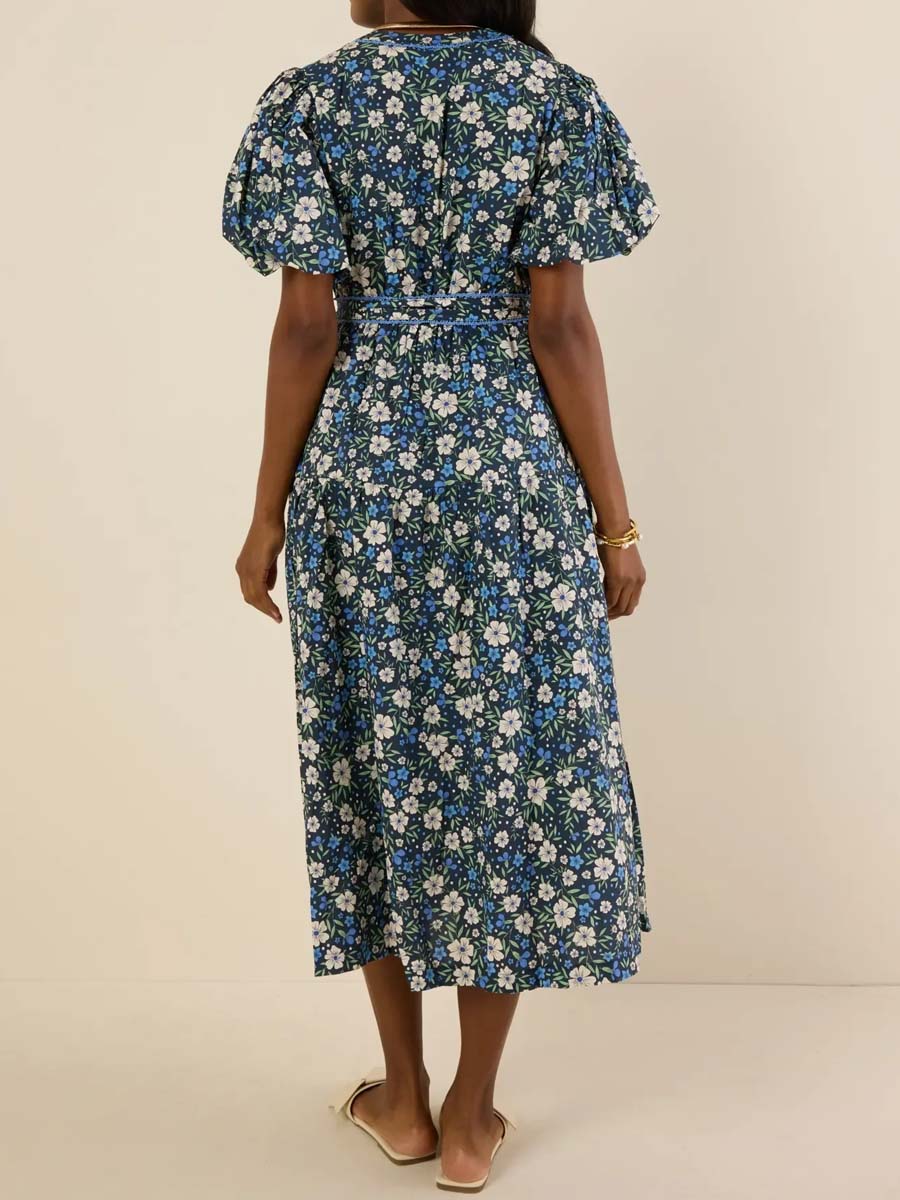 Floral Print Band Collar Belted Dress