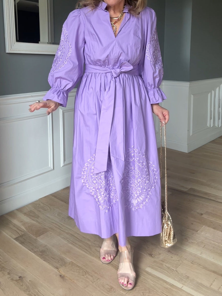 Mandarin Collar Embroidery Belted Dress