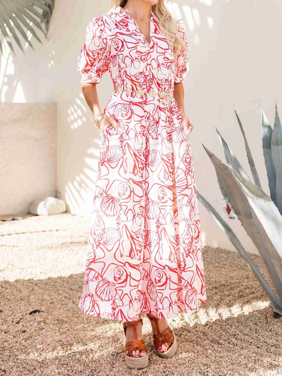 V-neck Print Puff Sleeve Dress