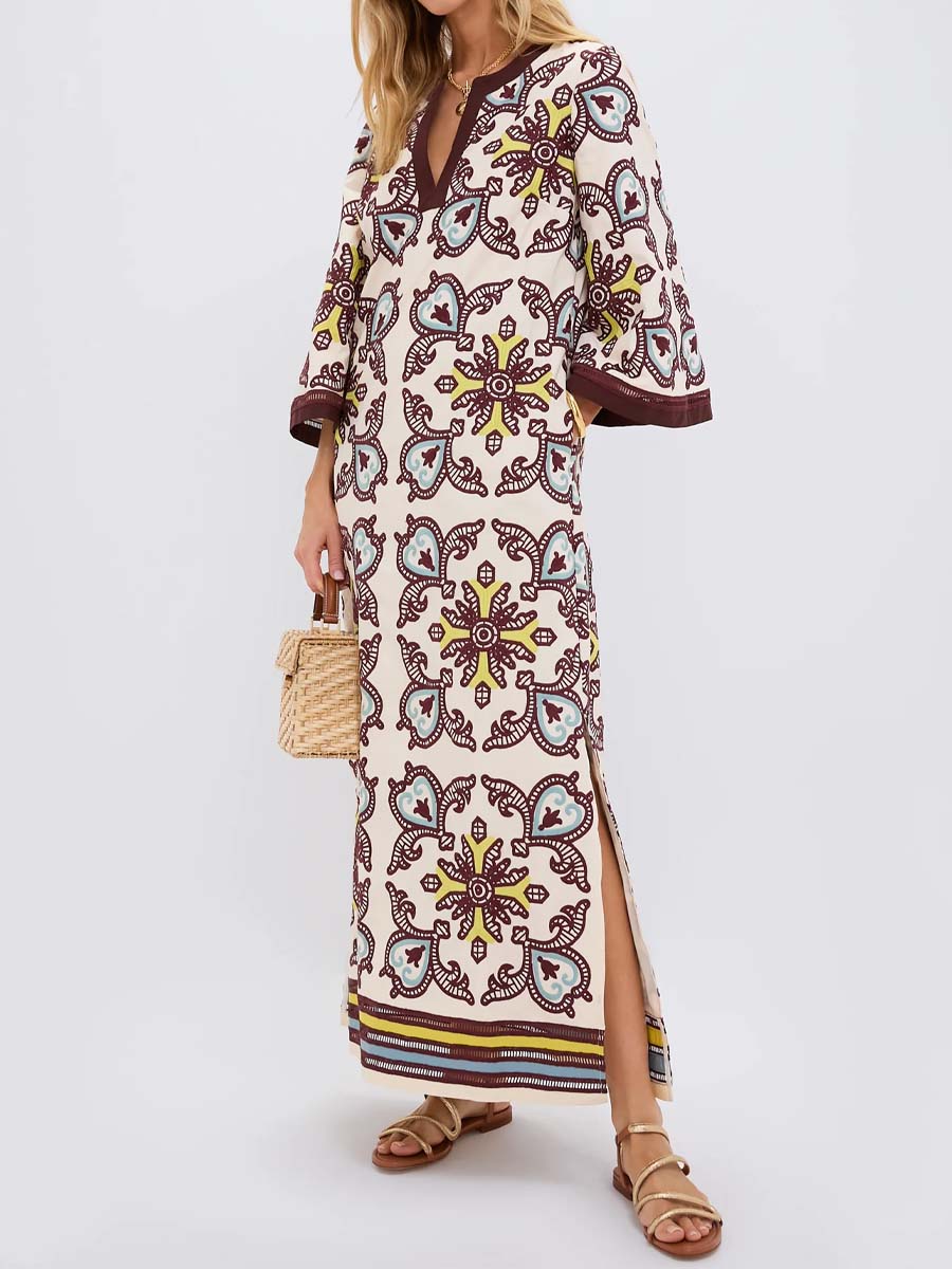 Embroidered Printed Slit Hem Maxi Dress