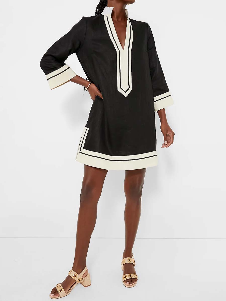 Stand Collar Deep V-neck Patchwork Dress