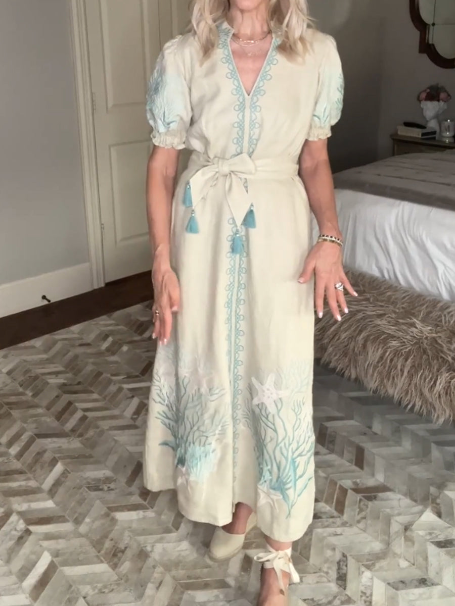 Stand Collar Embroidery Midi Dress