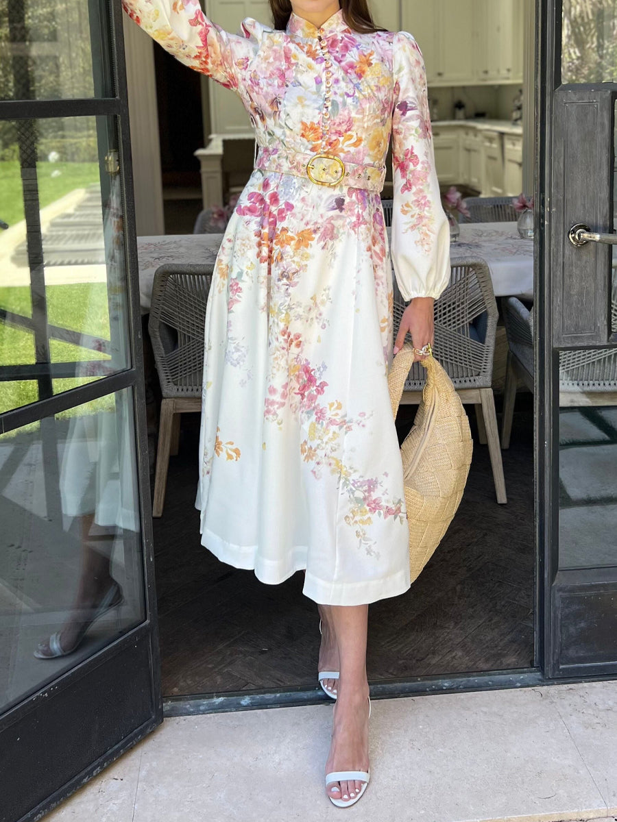 Placement Print Stand Collar Elegant Dress
