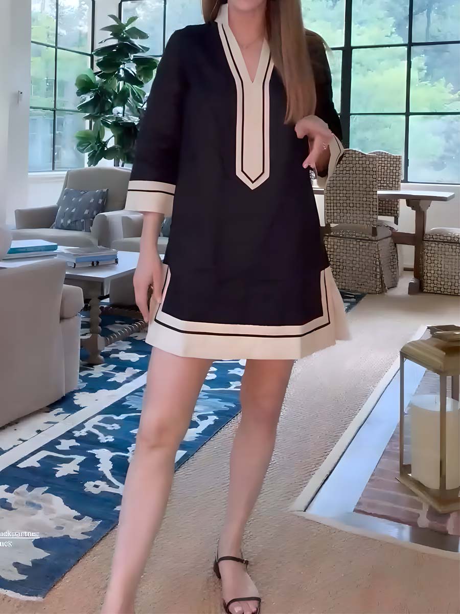 Stand Collar Deep V-neck Patchwork Dress