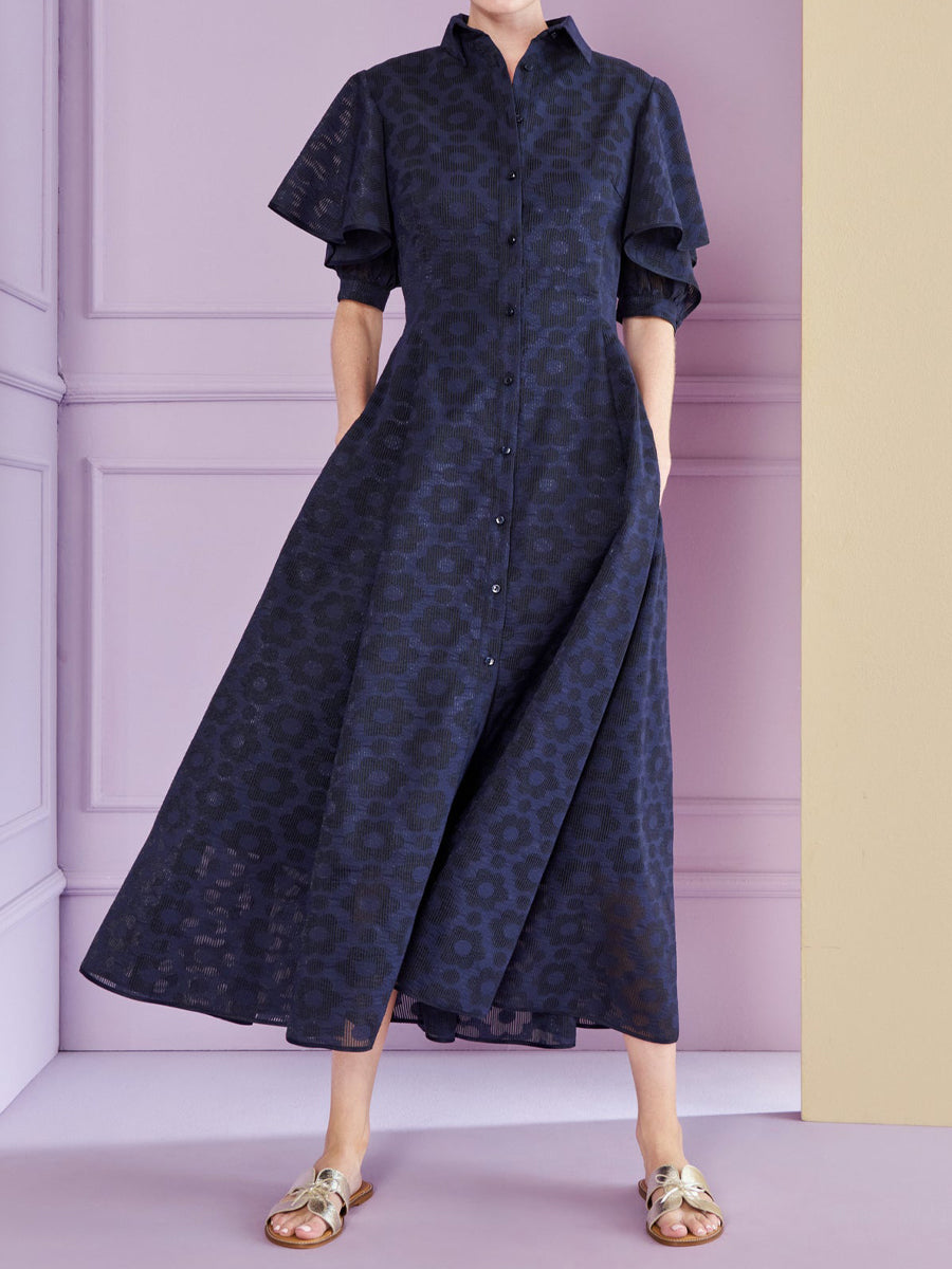 Short Flounced Sleeve Shirt Collar Dress
