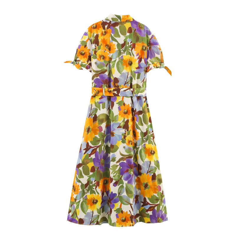 Floral Print Short Sleeve Belted Dress
