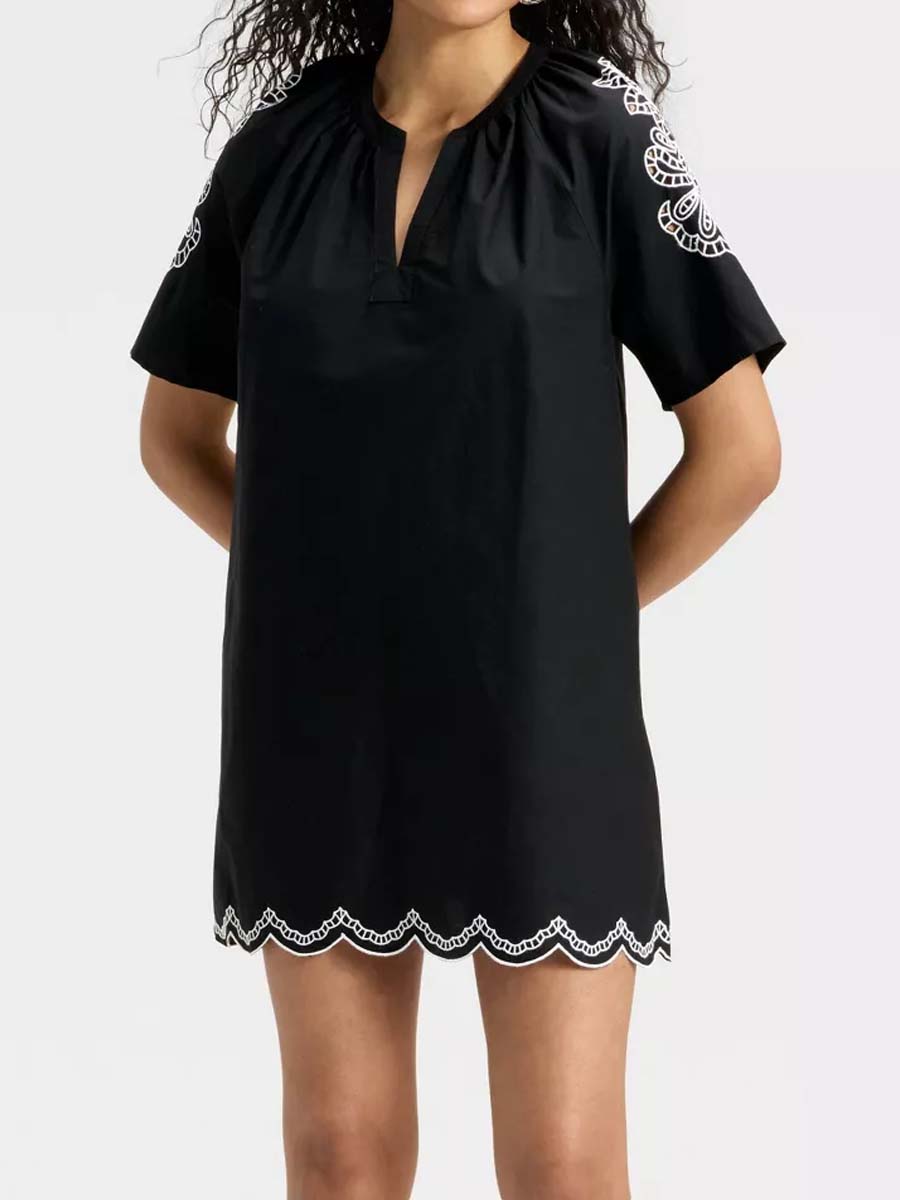 Split Neck Eyelet Mini A-Line Dress