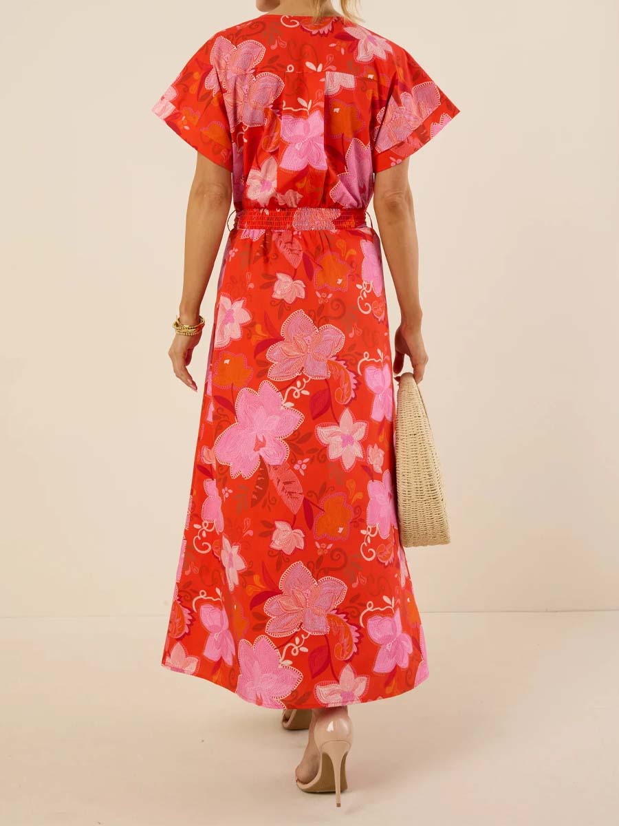 Floral Print V-neck Button-front Belted Dress
