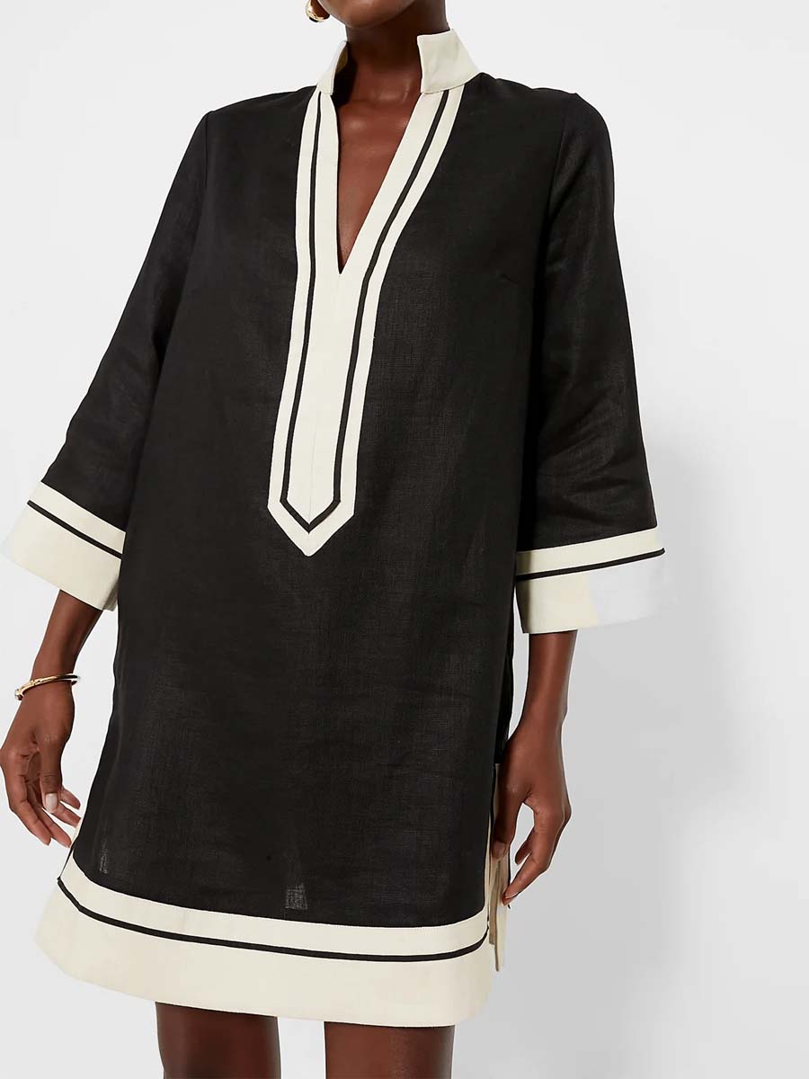 Stand Collar Deep V-neck Patchwork Dress