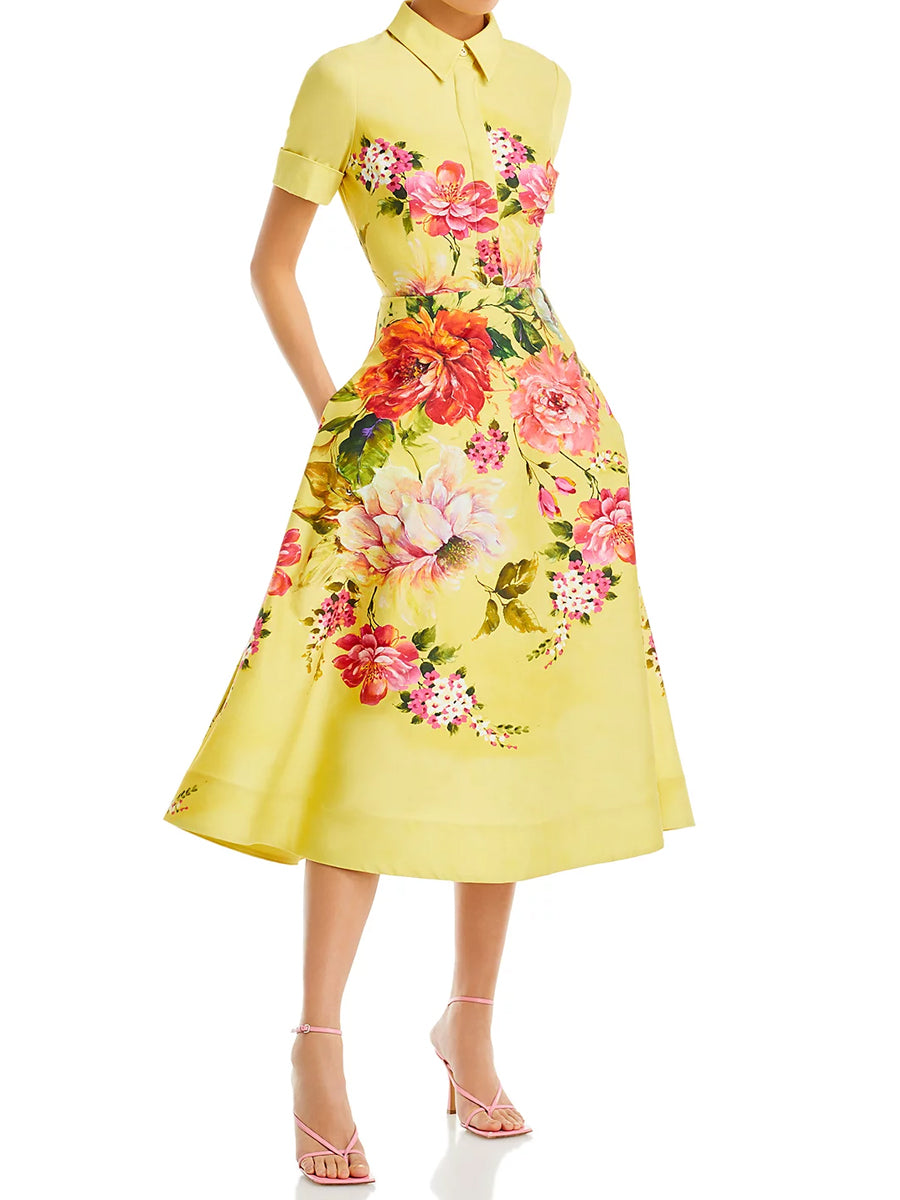 Floral Print Elegant Shirt Midi Dress