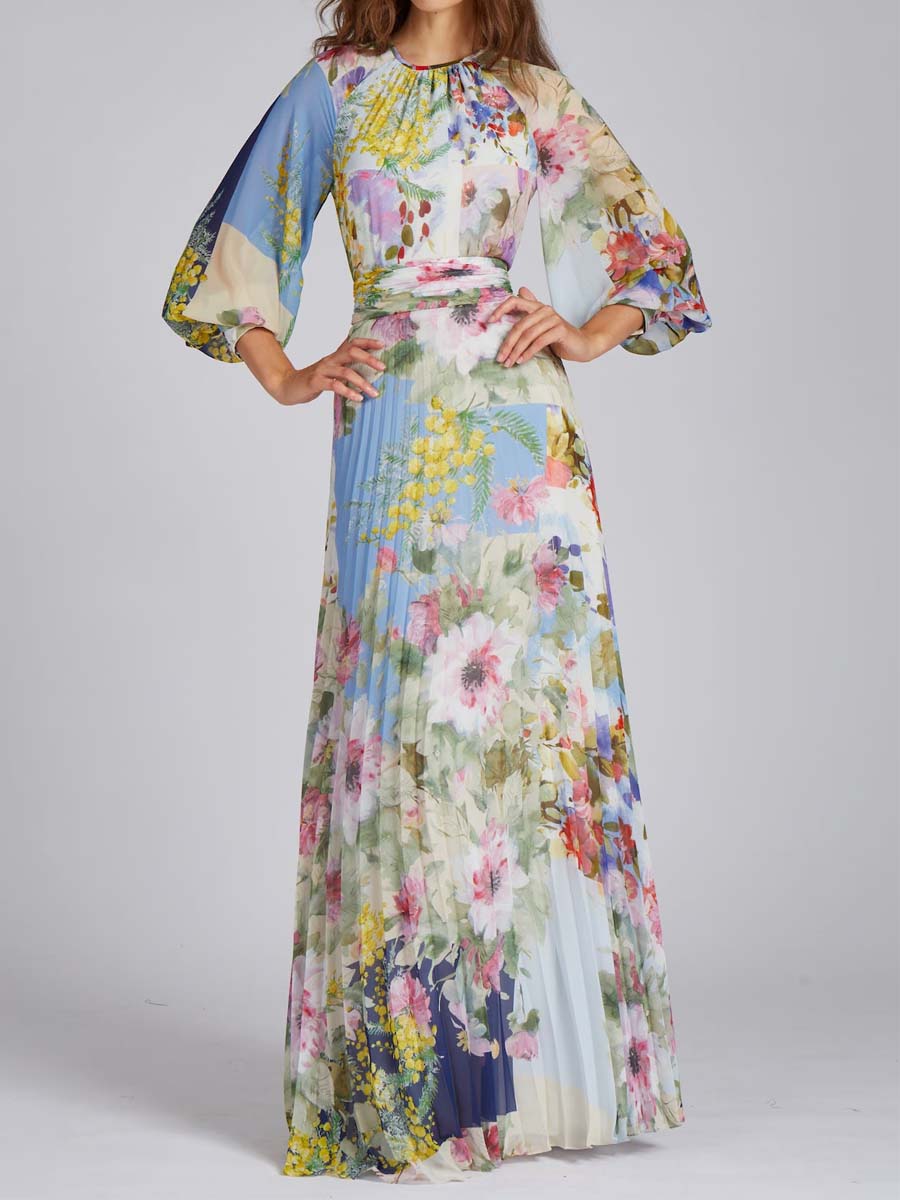 Patchwork Print Pleated Maxi Dress