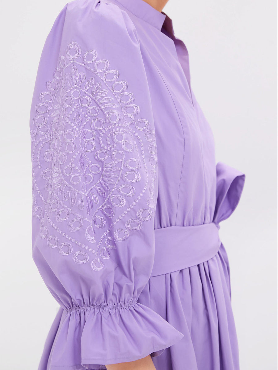 Mandarin Collar Embroidery Belted Dress