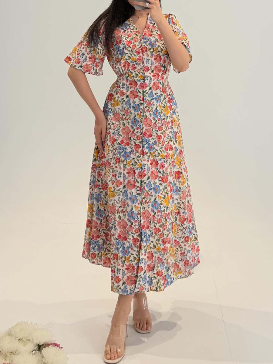 Floral Print V Neck Midi Dress