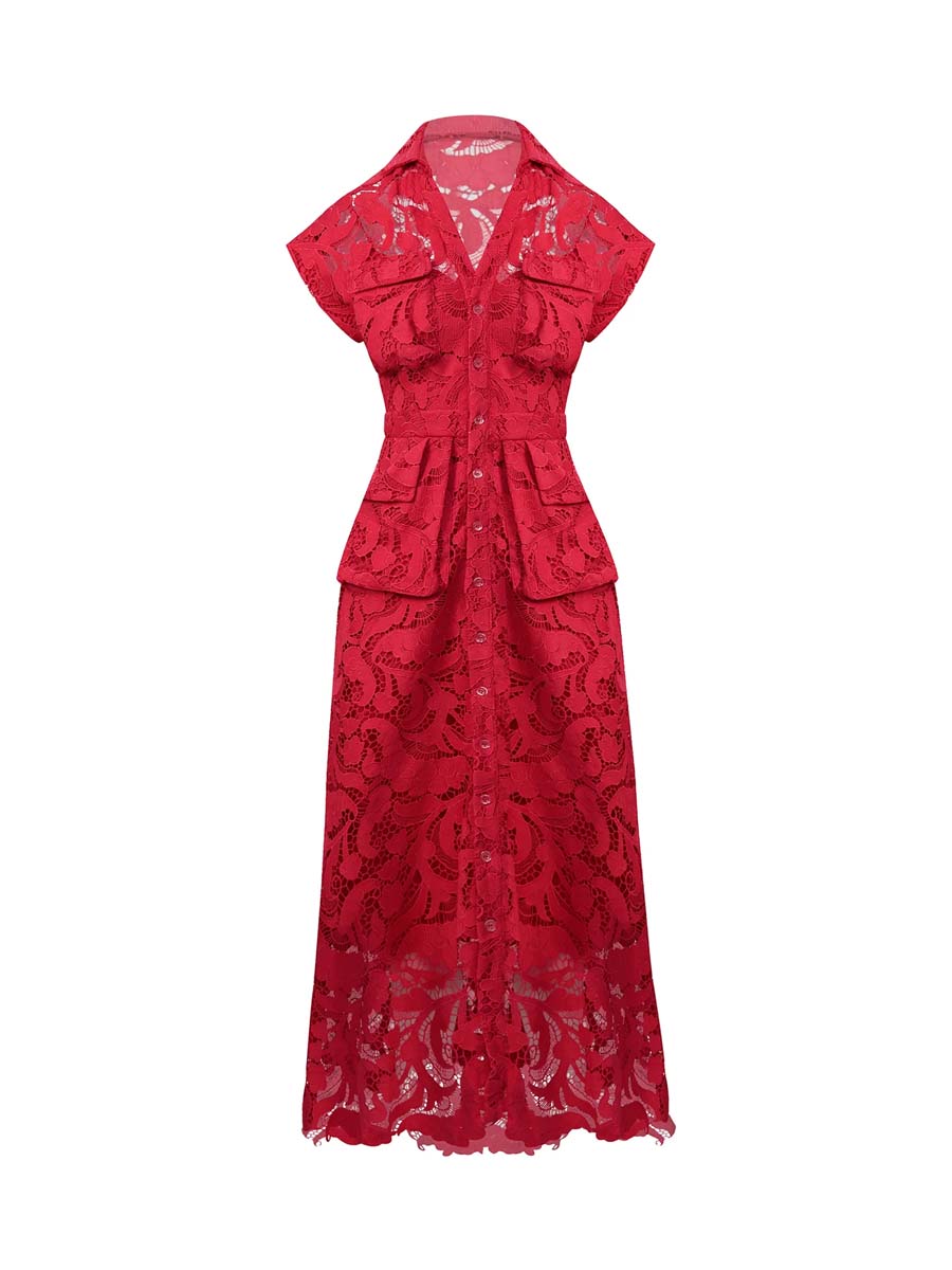 Elegant Lace Pockets Maxi Dress