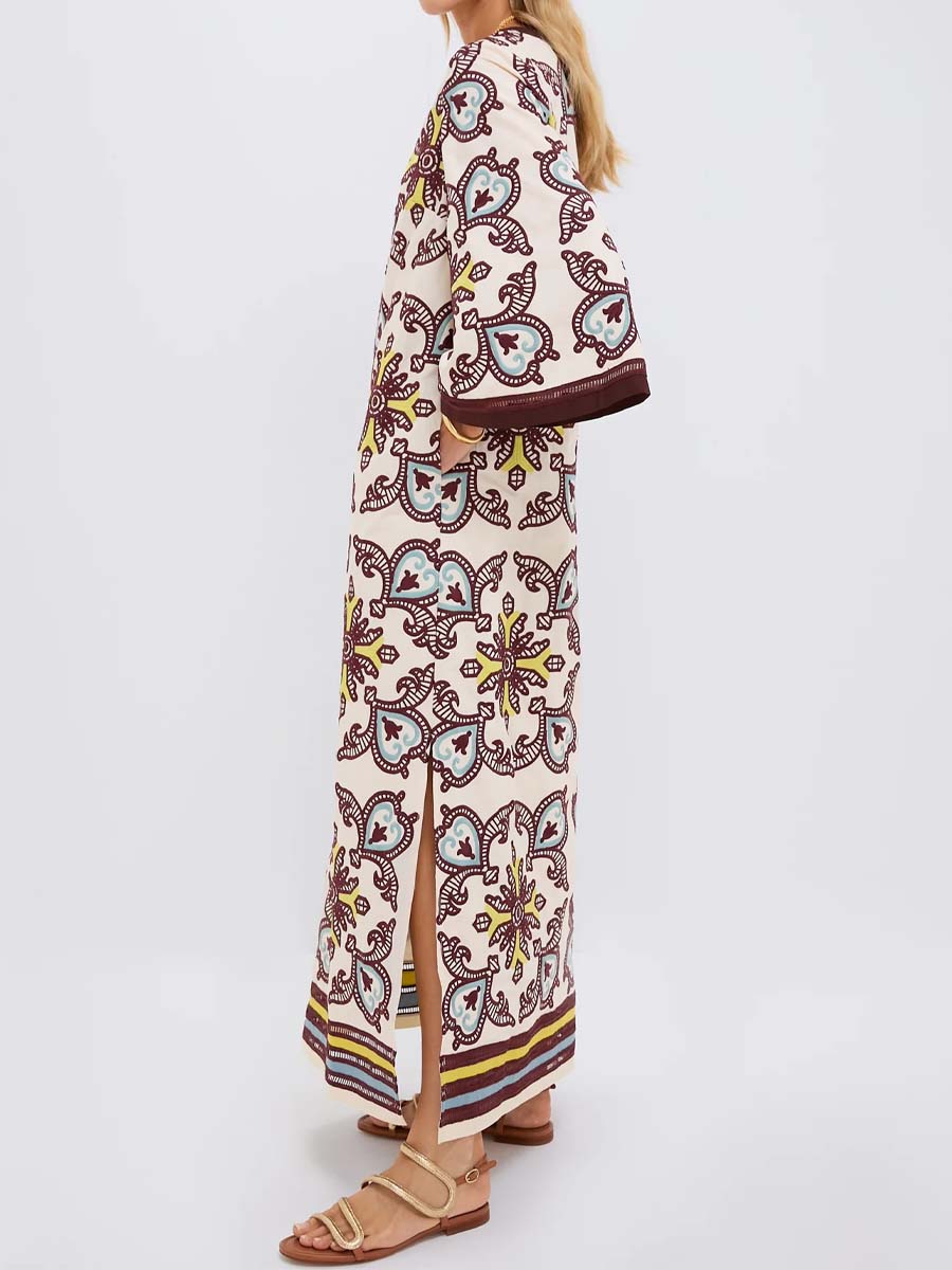 Embroidered Printed Slit Hem Maxi Dress