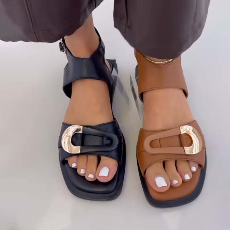 Metal Trim Square-toe Flat Sandals