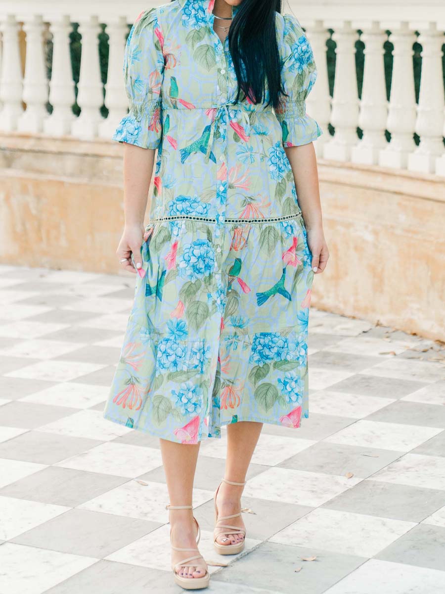 Printed Drawstring Waist Tiered Dress