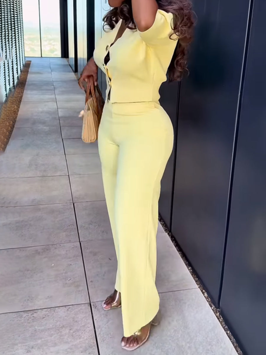 Button Up V Neck Two Pieces Set