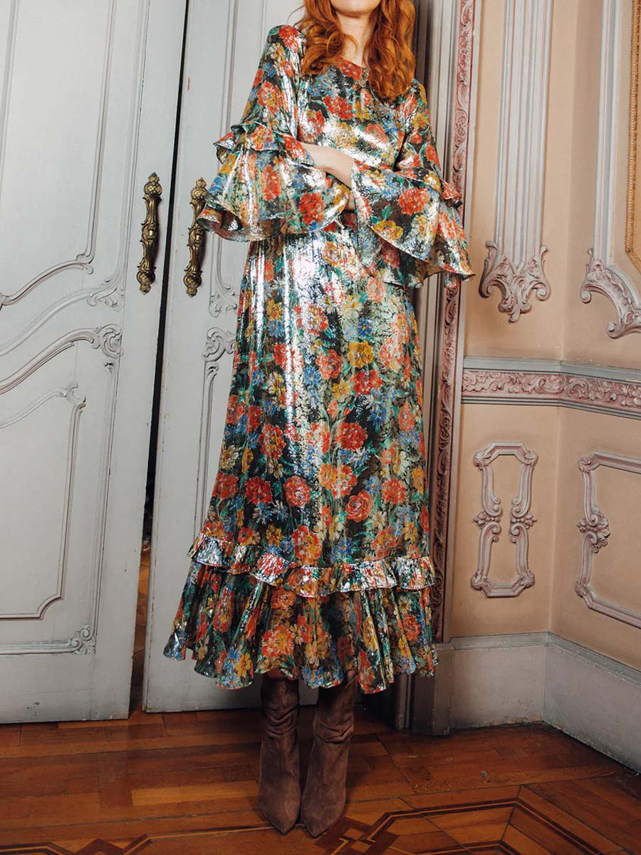 Flouced Hot Stamping Maxi Dress