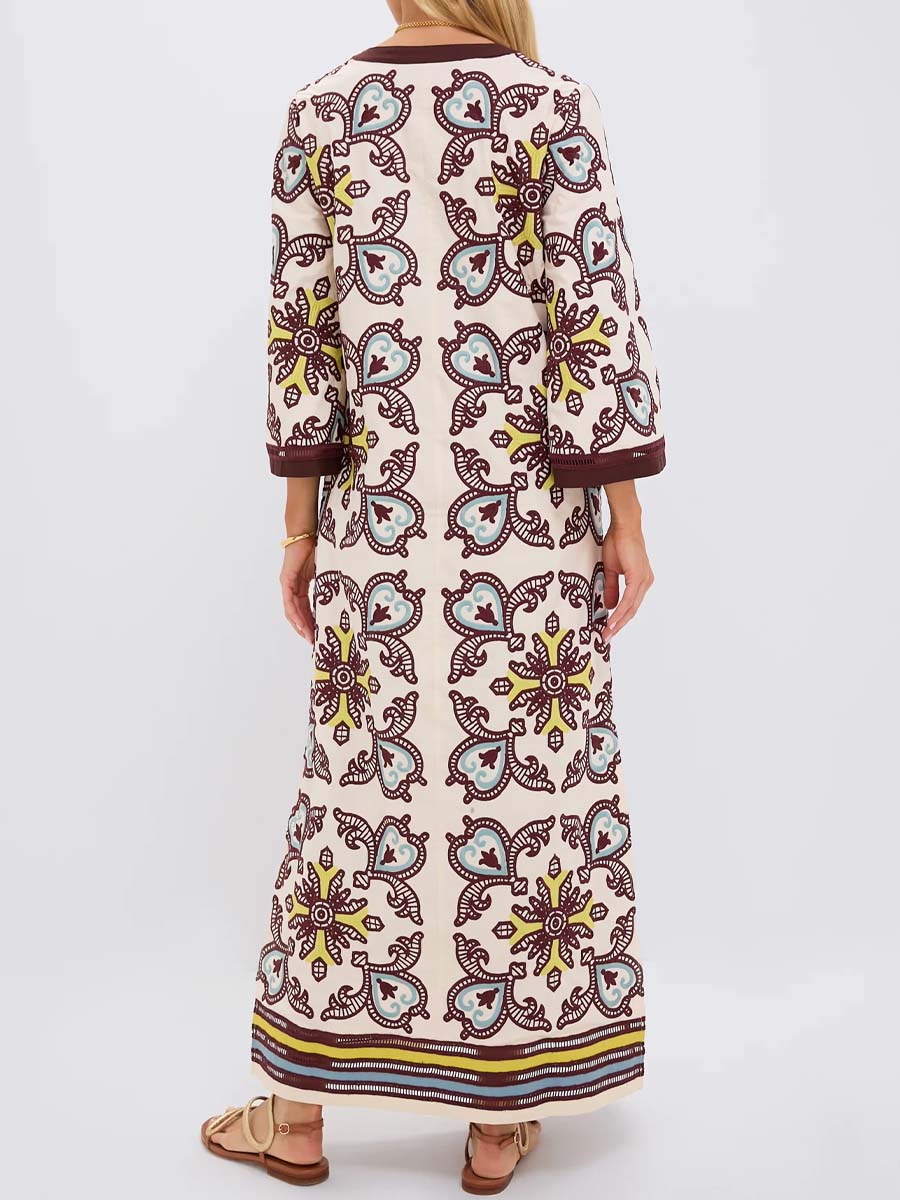 Embroidered Printed Slit Hem Maxi Dress