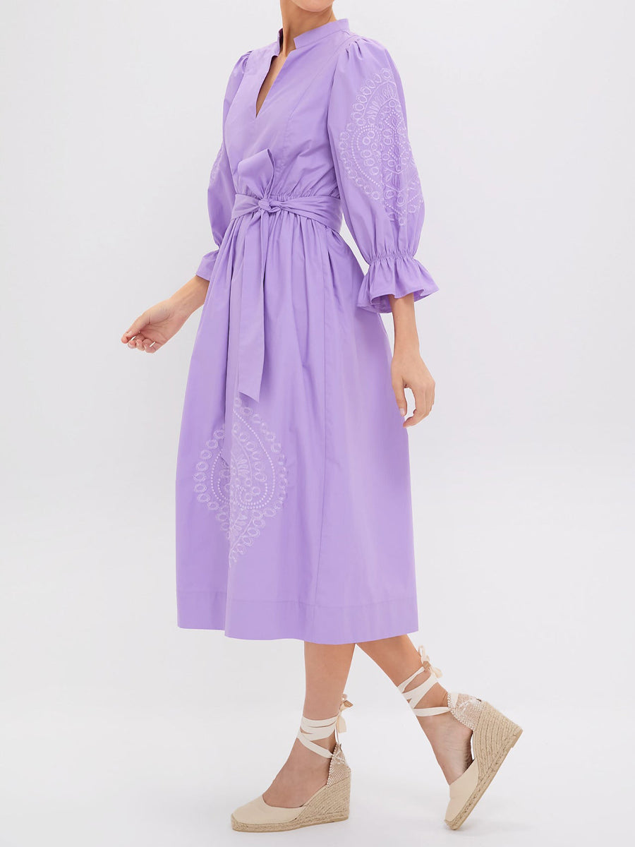 Mandarin Collar Embroidery Belted Dress